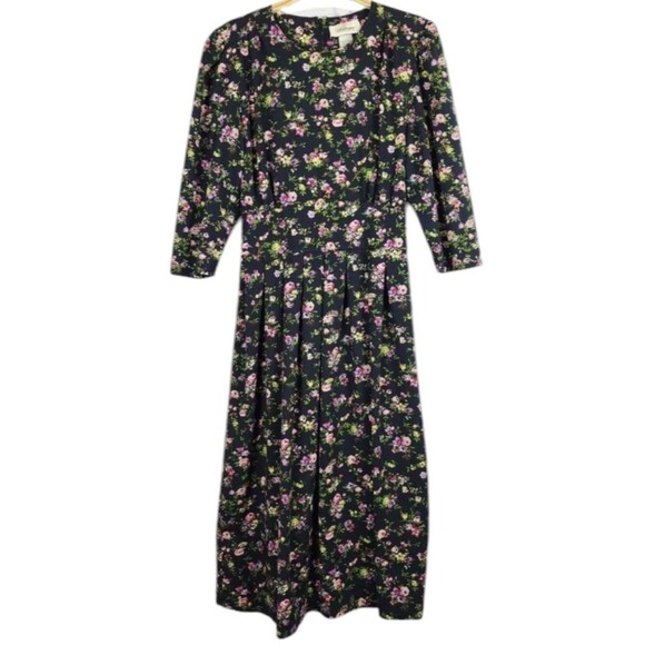 Worthington Dress Vintage 80s 90s Puffed 3/4 Sleeves Floral Pink on Black 10/12 - Picture 1 of 13